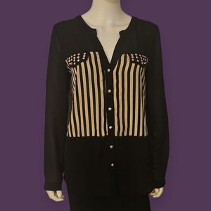 Vtg UNO CORE 1990s Black and Tan Striped Studded Chiffon Button Down Blouse
